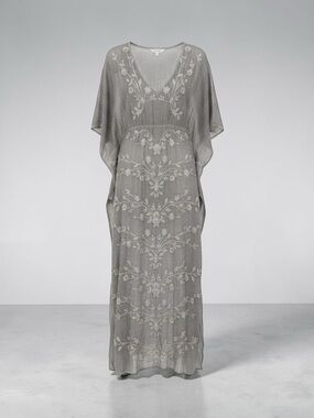 One Season Taupe Embroidered Maxi Dress with V-Neck Sz L